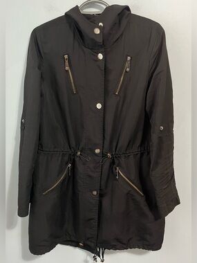 Vince Camuto Black Hooded Anorak Jacket Drawstring Waist Zip Pockets Size M